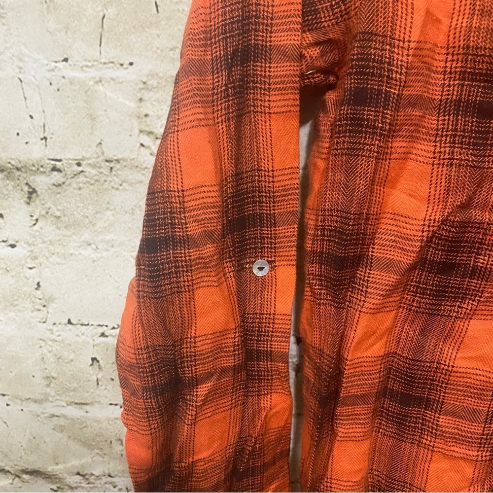 Rebecca Malone Orange Black Plaid V Neck Tab Sleeve Popover Top - Picture 3 of 6